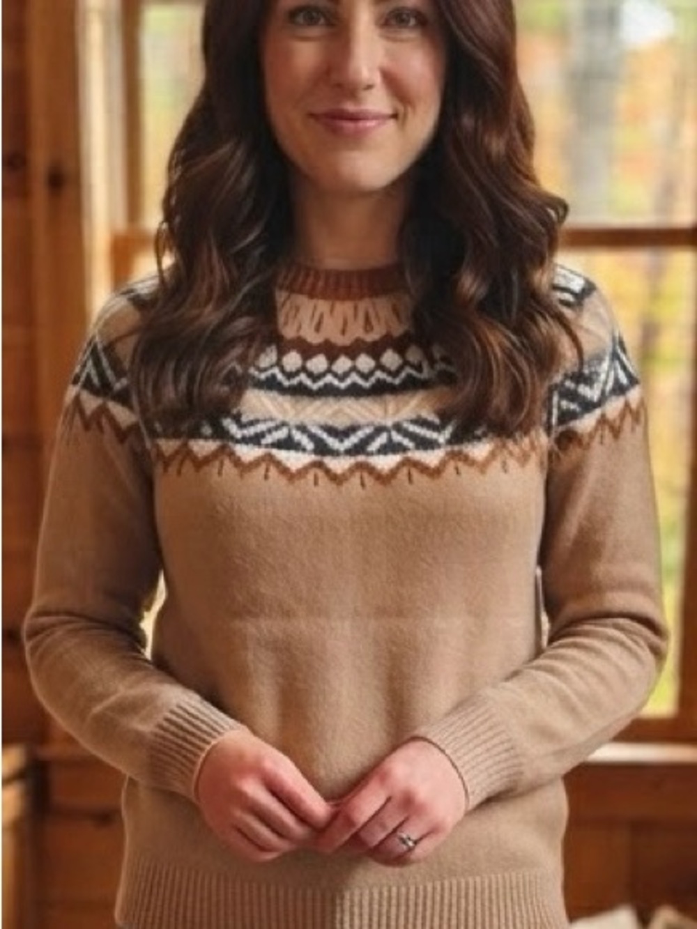 Womens Camel Fair Isle Crewneck Sweater